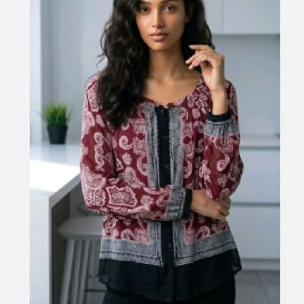 Lucky Brand Bandana Print Button-up Peasant Top Size
